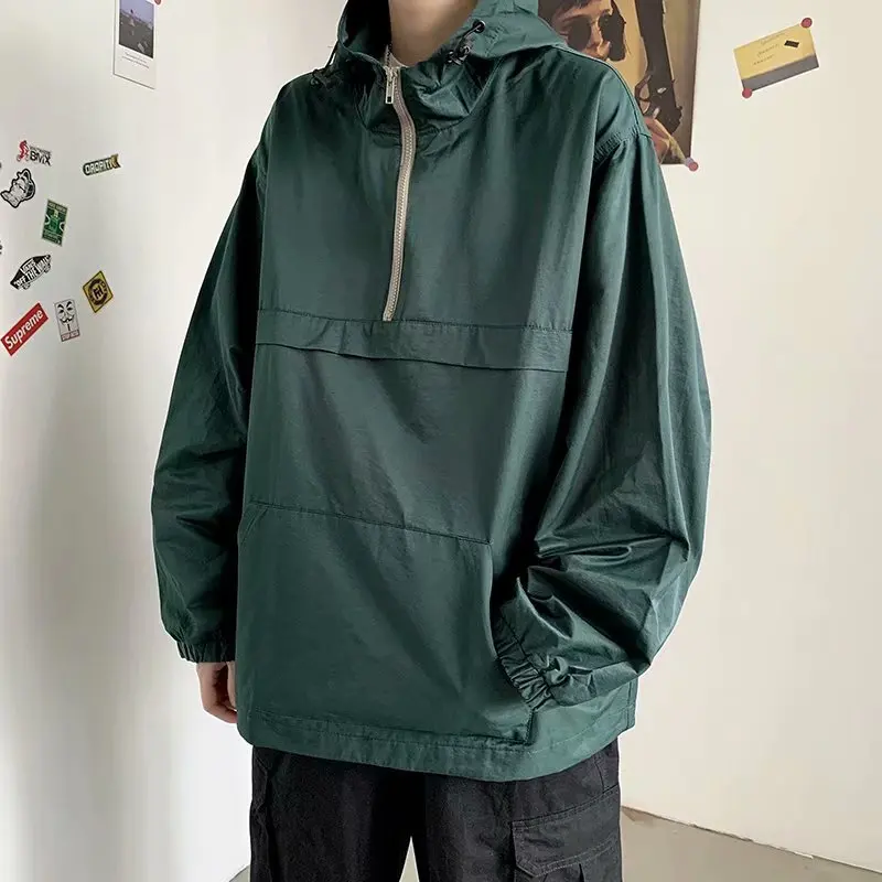 

2022 Autumn Japanese Half Zipper Hooded Pullover Jacket Men's Handsome Black Top Solid Color Jacket New Slim Jacket Men