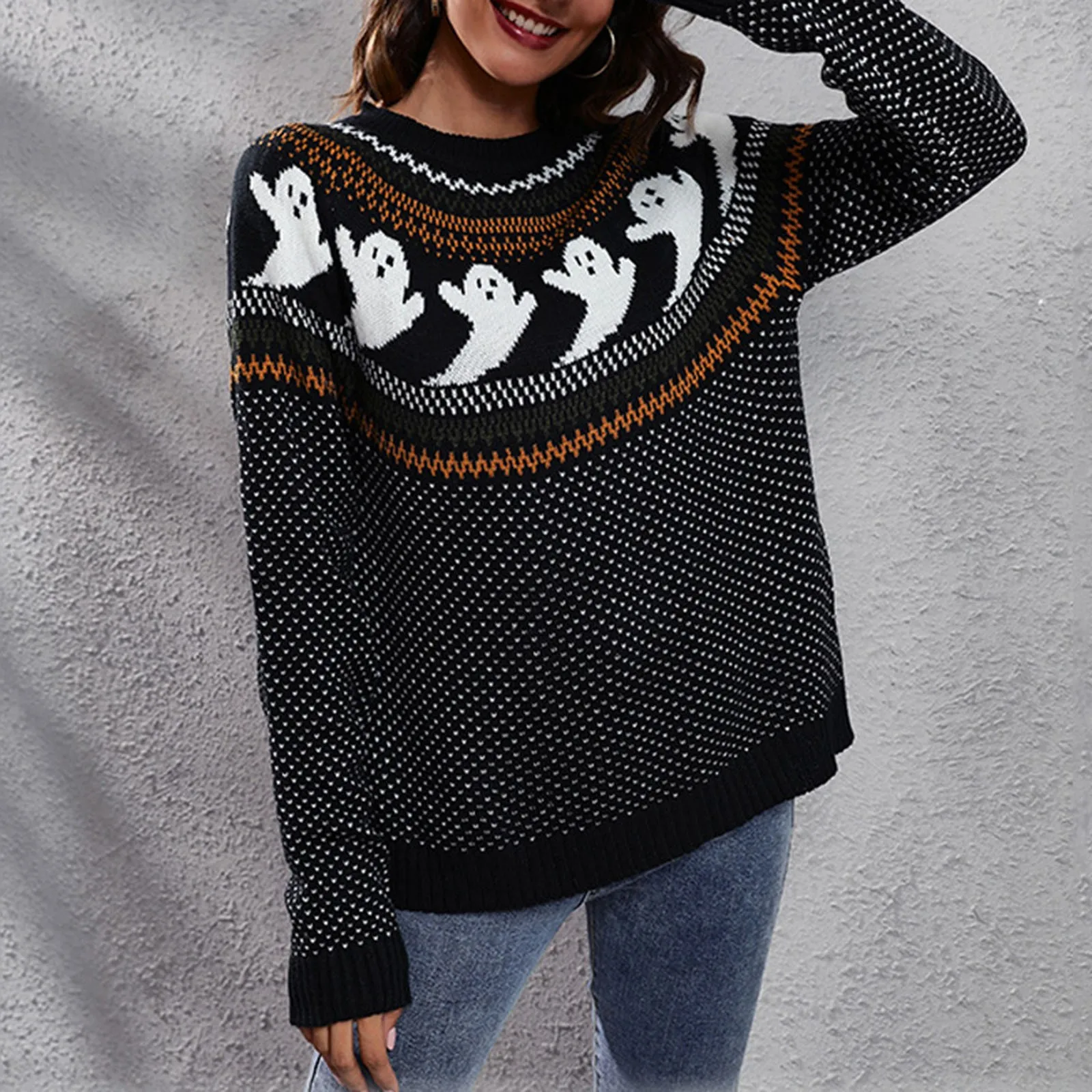 Свитер с элементами на Хэллоуин для женщин винтажный Модный пуловер в горошек