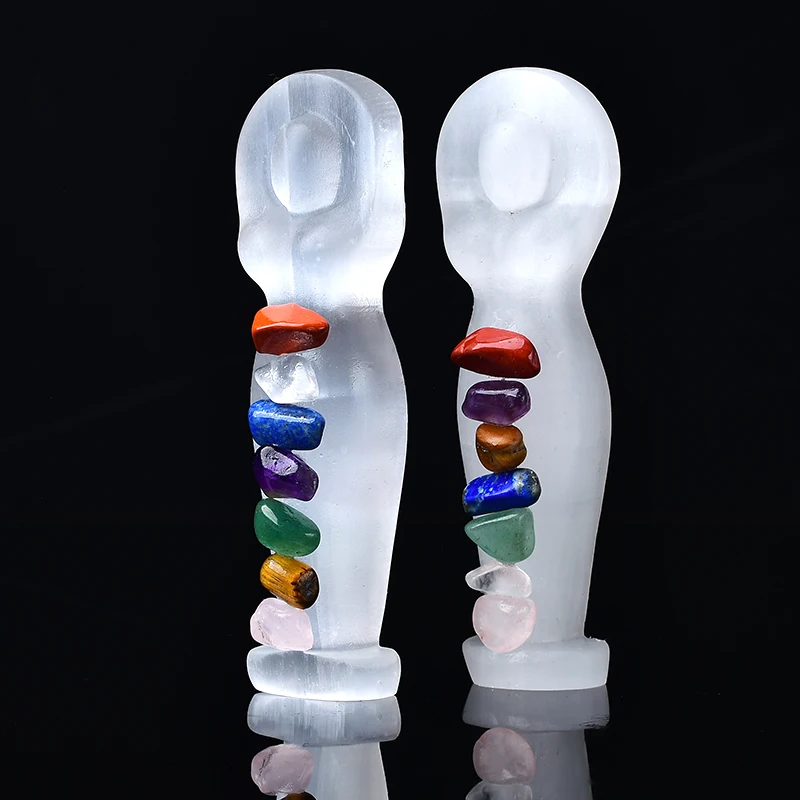 

1PC Natural Selenite Clear Crystal Goddess Statue Quartz With Seven Chakra Gravel Mini beads Gem Craft Collectible Figurine Gift