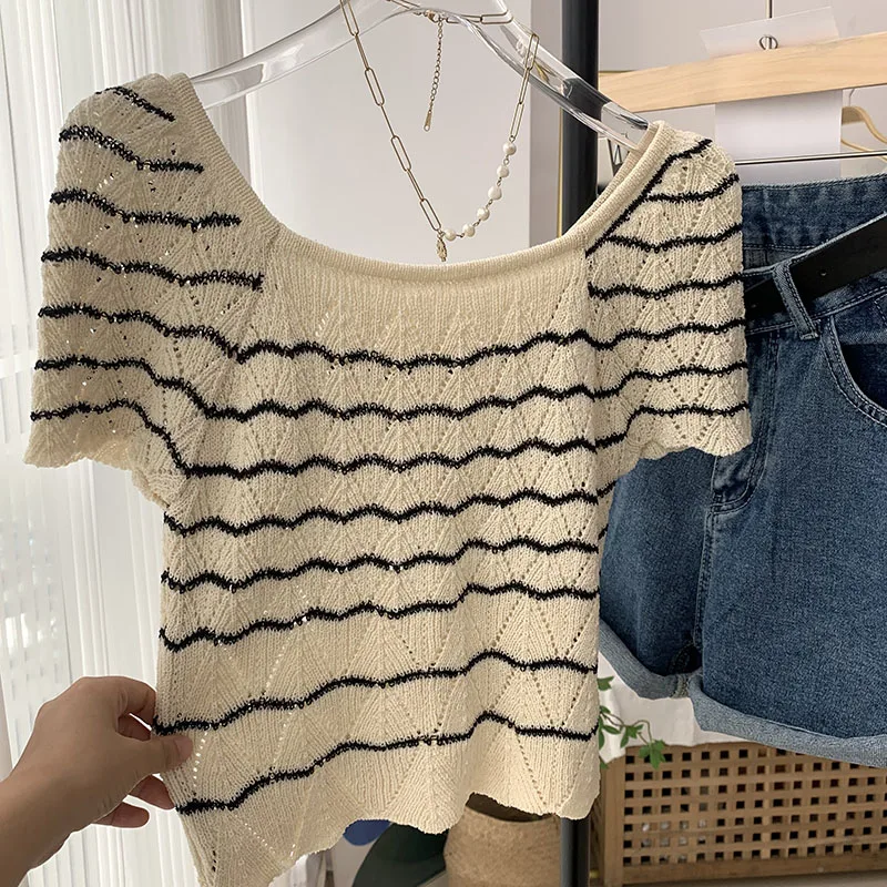 

Женская футболка с коротким рукавом, трикотажная облегающая футболка с квадратным вырезом, модель D194 в Корейском стиле на лето, 2022