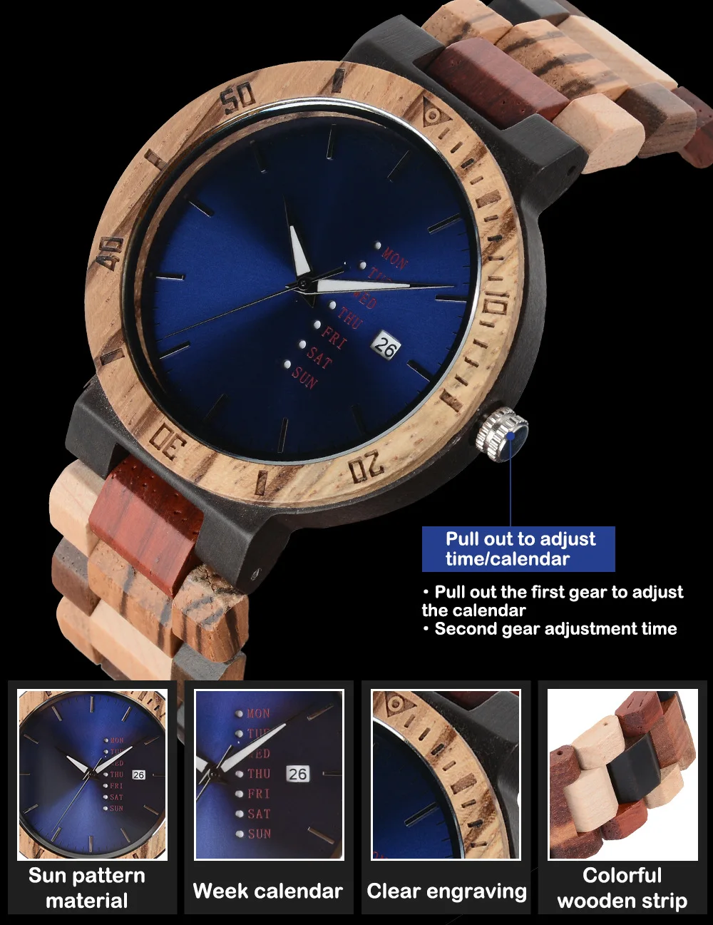 

Men Wood Quartz Watch Rotate Case 3 Dial Man Bamboo Full Watches Wooden Strap Multifunction Clock Male High Quality Wristwatch