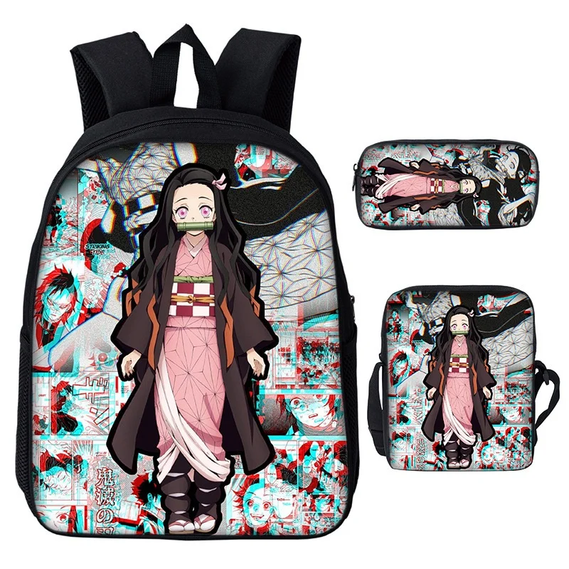 3 Piece Demon Slayer Nezuko Tanjirou Children Shoulder Bags New Girls Boys Fashion Anime Student Backpacks New Kids Cute Pen Bag