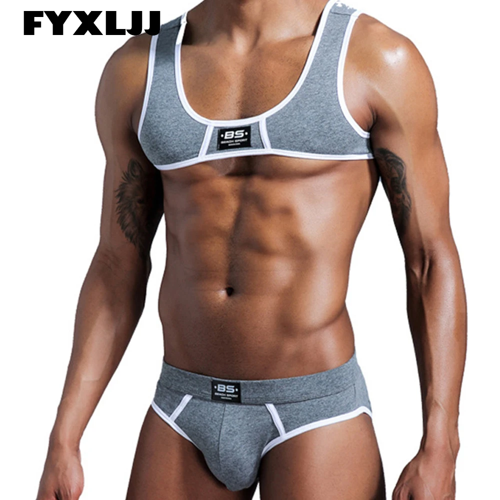 FYXLJJ Sexy Men Muscle Harness Top Briefs Sets Gay Underwear Erotic Tank Tops Briefs Sportwear Suits Male Gym Fitness Undershirt