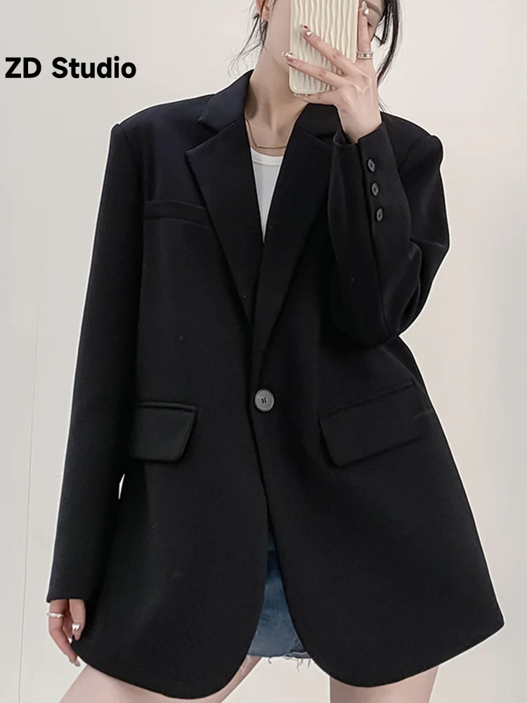 

[ZD Studio] Women Black Brief Size Casual Blazer New Lapel Long Sleeve Loose Fit Jacket Fashion Tide Spring Autumn 2023 1DF5648