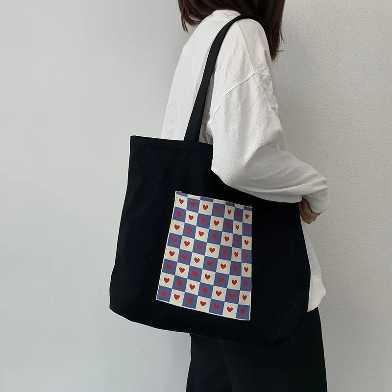 

Women Ins Black Canvas Bag With Zipper Cute Plaid Love Print Shoulder Bag Large Books Tote Bag Cotton Cloth Eco Handbag For Girl
