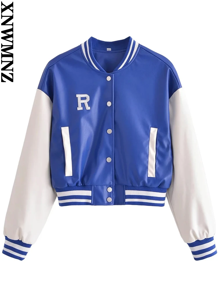 

XNWMNZ 2022 women fashion color-blocking PU imitation leather baseball uniform jacket women all-match casual female chic coat