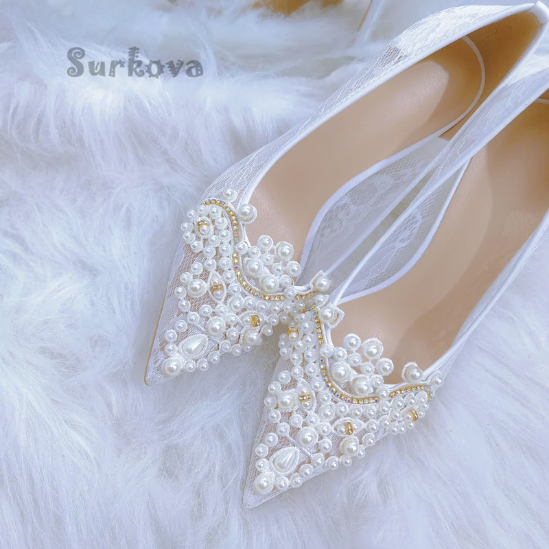 Women's Wedding Shoes Pearl Mesh Embroidery Rhinestone Bridal Pumps 2023 Summer Pointed Toe Dress Thin High Heels Banquet Shoes