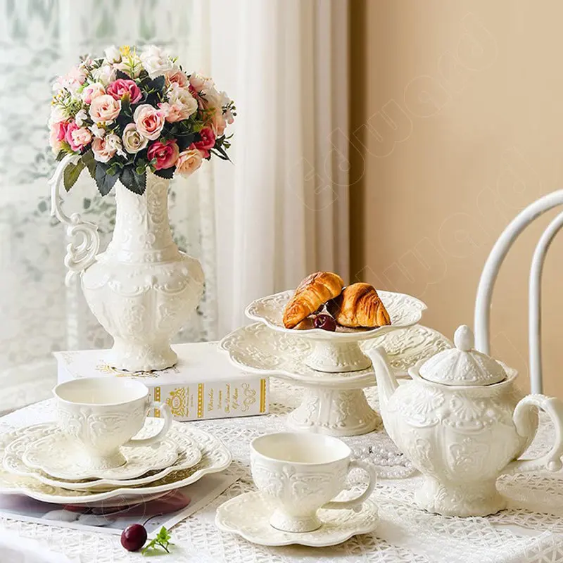 

Рельефный керамический чайник и чашка, Европейский стиль, чайник для воды, набор для послеобеденного чая, простые однотонные тарелки в стиле ретро, кружка, чашка