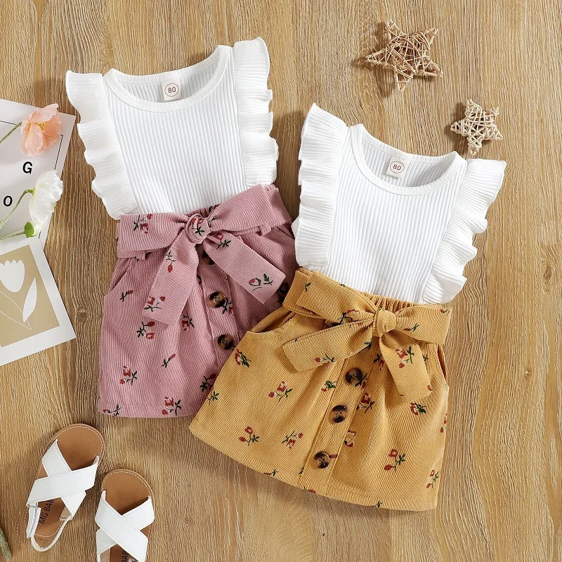 

Toddler Baby Girl Ruffle Sleeveless Crop Vest Tank Top + Floral Waist Belt Short Skirt 2Pcs Summer Outfits