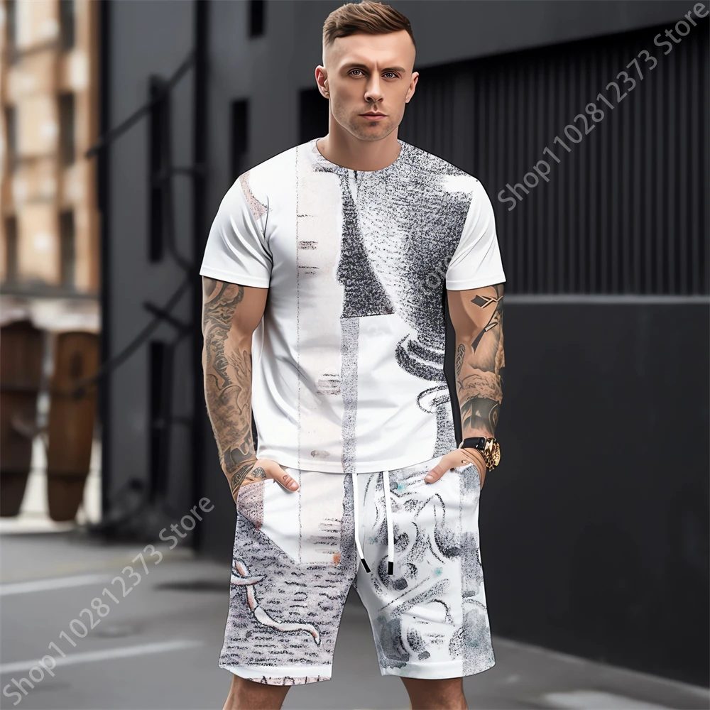 2023 Tracksuit Men Summer Men Casual Sport Men T-shirt+Shorts Two Piece Set Men Fashion Retro 3D Printing Street Clothes For Men