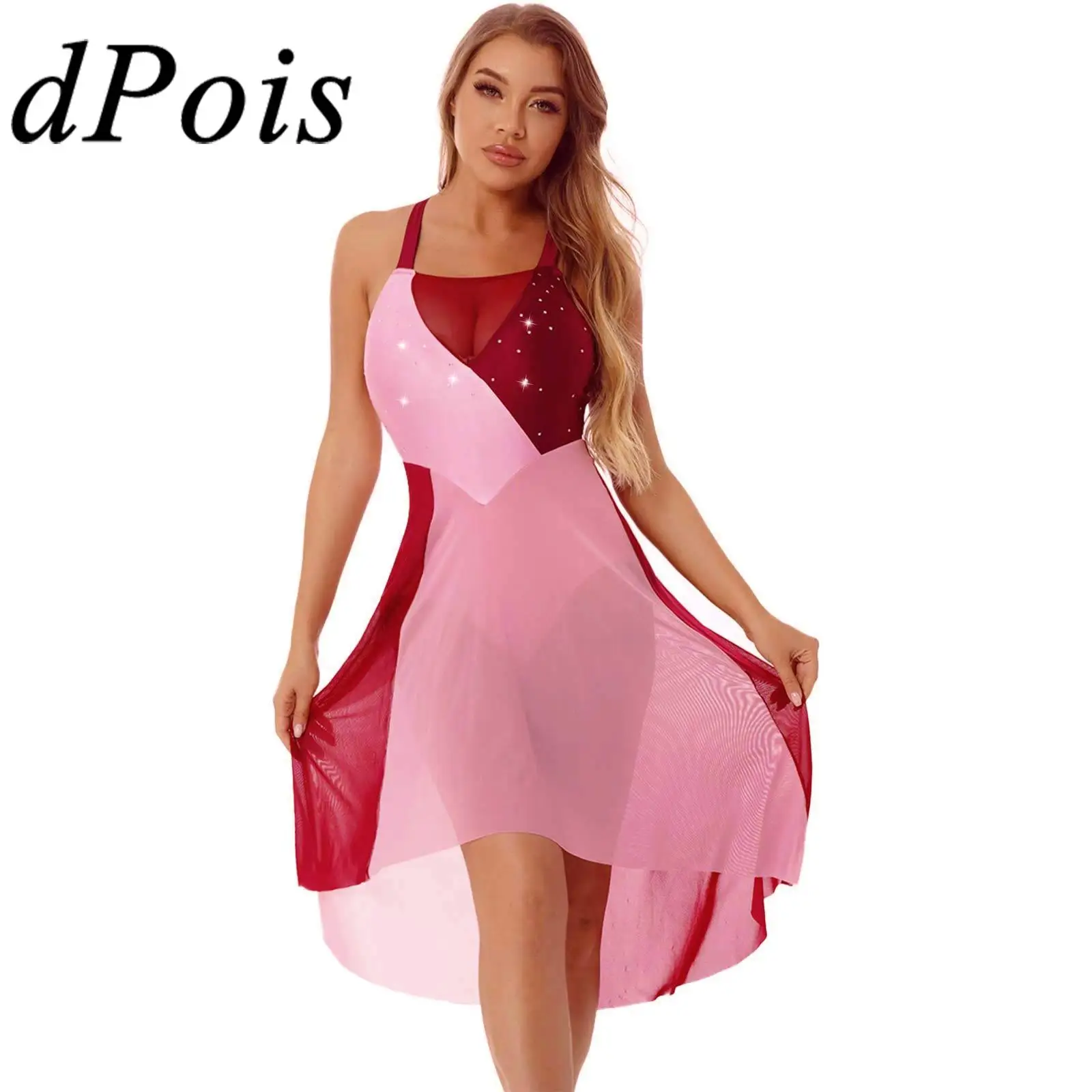 

Womens Figure Skaing Dress Rhinestone Color Block Dance Costume Aduits Ballet Ballroom Gymnastics Leotard Dress Dancewear