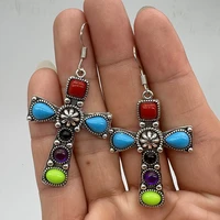 boho cross metal engraved pattern earrings fashion ladies inlaid green stone colored stone drop earrings