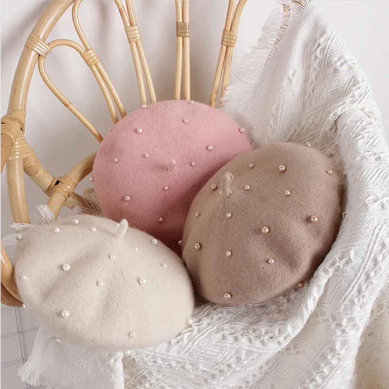 

Girls' Lovely Pearl Beret, Multiple Colors Princess Style Hat for Spring Autumn Winter