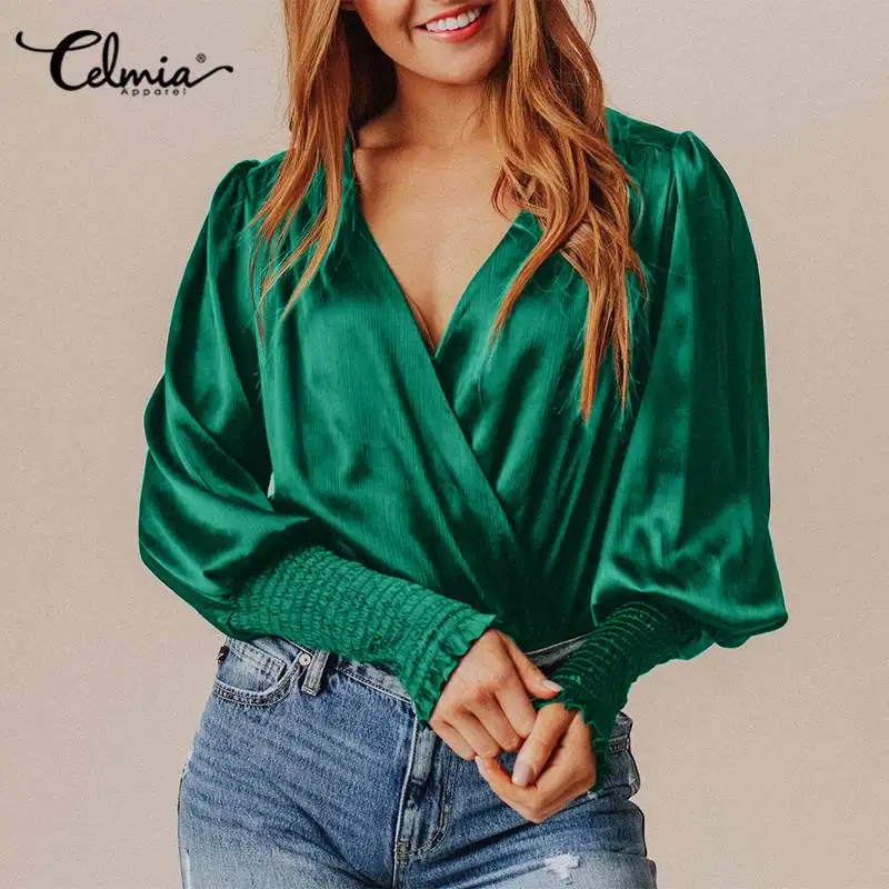 

2022 Women Satin Blouses Celmia Spring Autumn Elegant V Neck Glossy Shirt Fashion Long Puff Sleeve Pleated Blusas Casual OL Tops