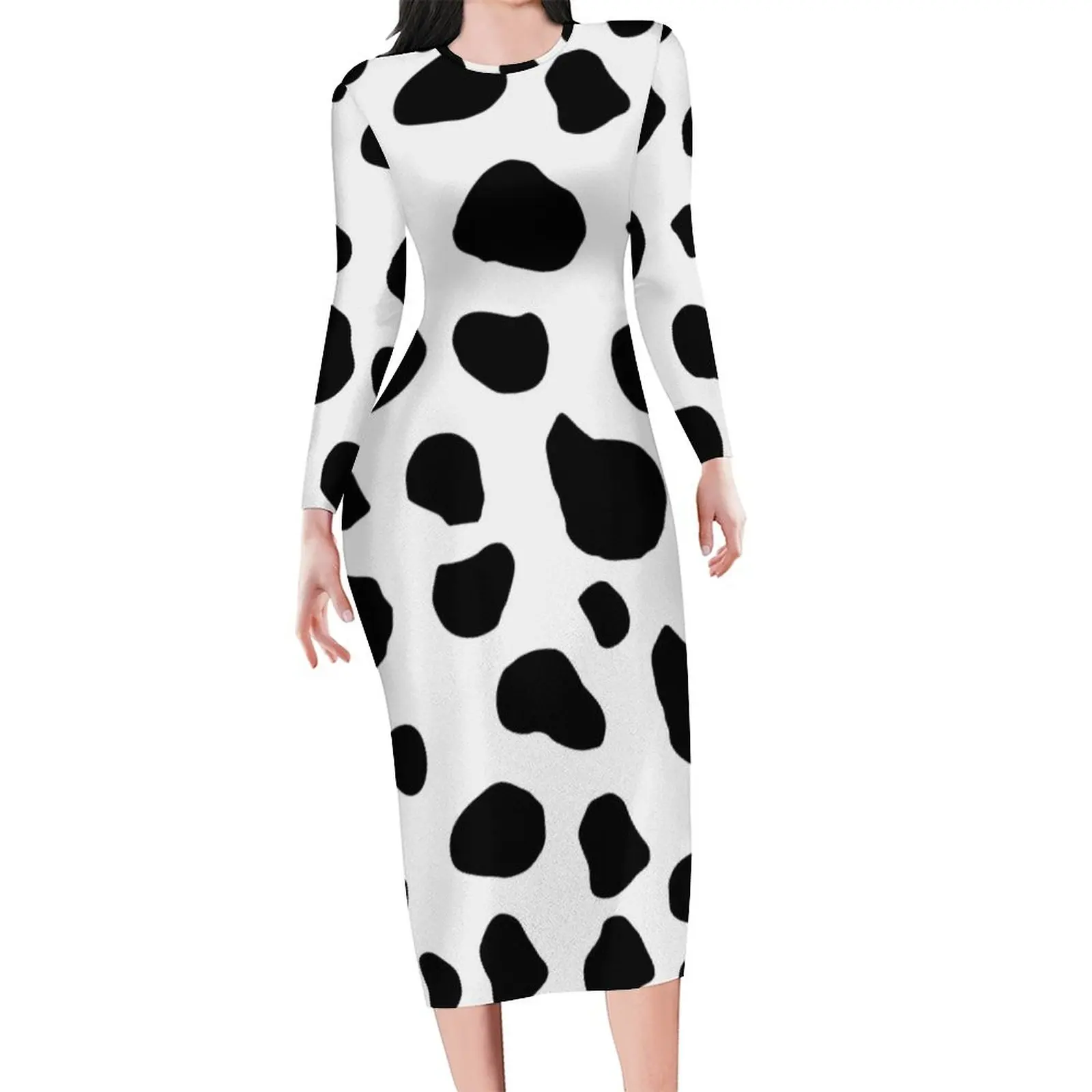 

Cow Print Spots Bodycon Dress Women Black And White Animal Trendy Dresses Autumn Long Sleeve Street Wear Graphic Dress Big Size