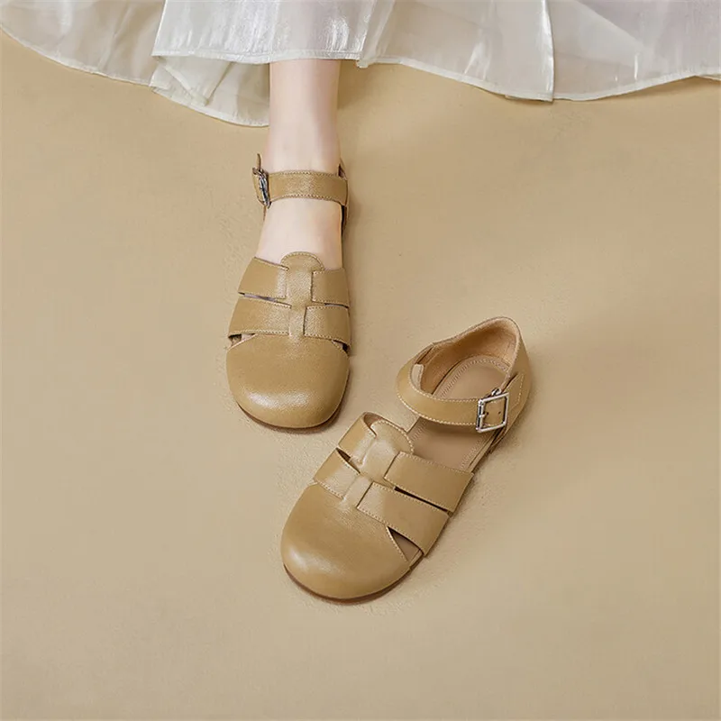 

2023 Summer Sandals Split Leather Round Toe Women Sandals Low Heel Women Shoes Cover Toe Shoes for Women Hollow Out Roman Shoes
