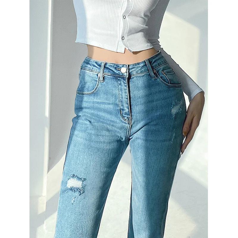 

High Sweet Retro Waist Slim Hem Metal Concealed Buckle Split Denim Flared Pants Solid Color Stretch Hole Women's Clothing70DF
