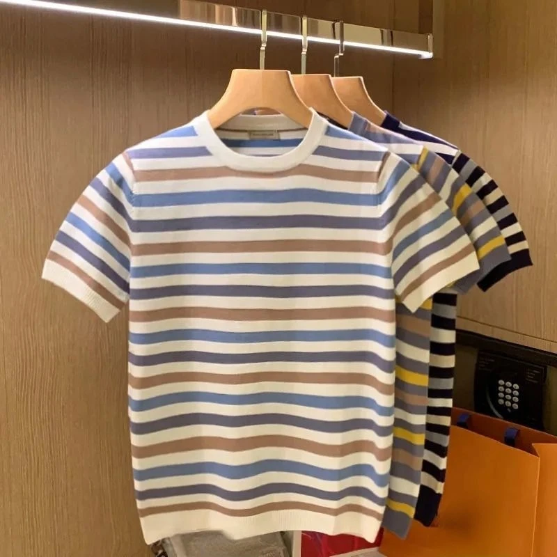 

Spring and Autumn Crewneck Knitted Shirt New Striped Premium Top Men