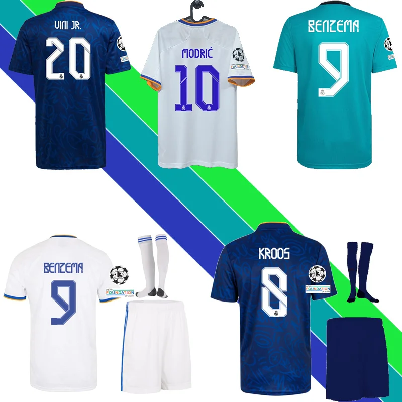 

2021 2022 Real MadridES Kids Benzema MODRIĆ Football Shirt Full Kits 21 22 Boys Adult VINI JR. Soccer Jersey Training Set Socks
