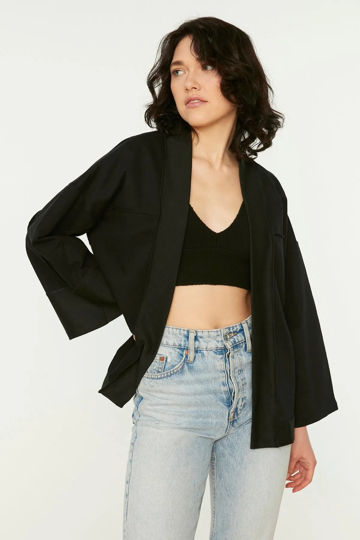 

Кардиган женский оверсайз, тонкий вязаный Повседневный свитер черного цвета с прострочкой, свободный джемпер