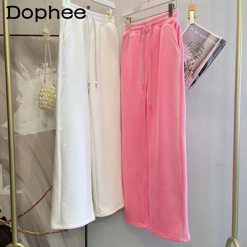 

Heavy Rhinestones Wide-Leg Pants Women Elastic Waist Velvet Loose Corduroy All-Match Mop Pants 2022 Autumn Winter New Trousers