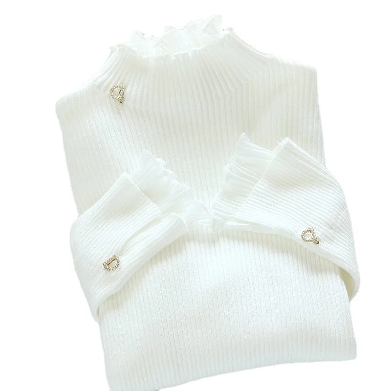 

Элегантная блузка с кружевными краями, свитер, облегающий женский свитер, зимний и осенний вязаный пуловер для женщин, модная водолазка, топ...