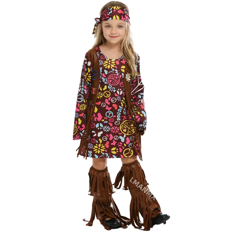 Платье в стиле хиппи для девочек винтажное платье косплея с бахромой Хэллоуина 60s