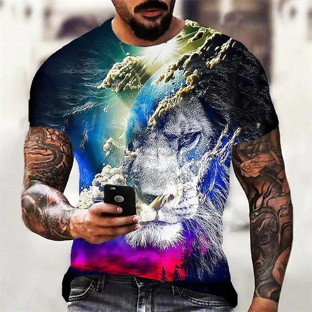 

Men's T-Shirt Lion Crew Neck Everyday Sport Print Short Sleeve Top Casual Classic Purple