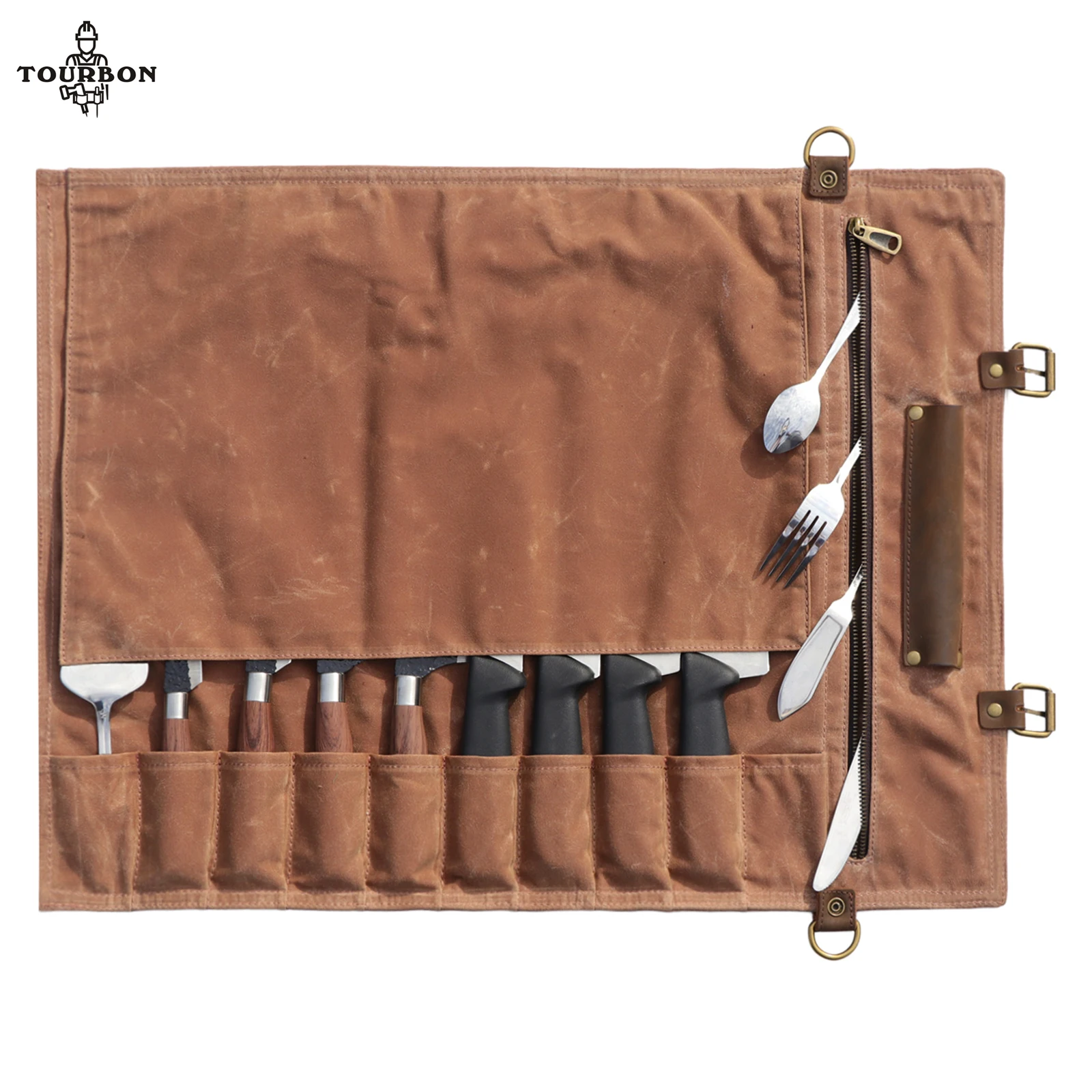 Tourbon Canvas & Leather Folding Tool Roll Knife Roll Storage Bag (10 Slots) Tool Organizer Shoulder Strap Portable Pocket Brown