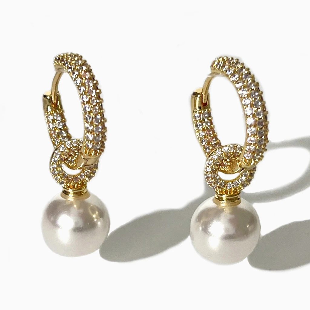 

Peri'sbox New Gold Plated Micro Pave Cz Stone Pearl Dangle Earrings for Lady Elegant Crystal Huggie Hoop Earring Detachable