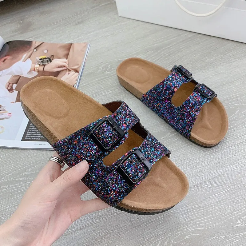 

Women's Summer Beach Sandals Fashion Bright Bling Cork Slippers Designer Flip Flops Female Flat Home Snug Shoes Women Shoes
