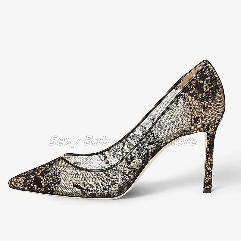 Европейские и американские остроконечные стройные высокие каблуки с кружевом
