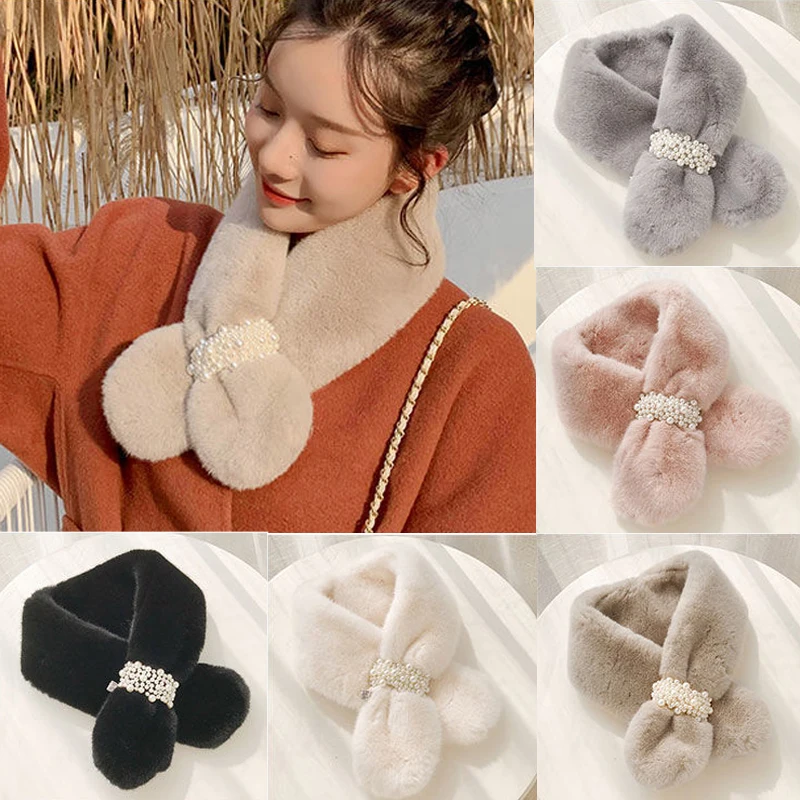 

Fashion Pearl Buckle Scarf Faux Rabbit Fur Cross Scarves Winter Warm Plush False Collar Scarf Thicken Windproof Snood Scarves