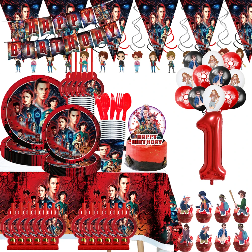 

Stranger Things Theme Birthday Party Decoration Tableware Balloon Banner Supplies Cake Toppers for Baby Shower Kids Toy Globos