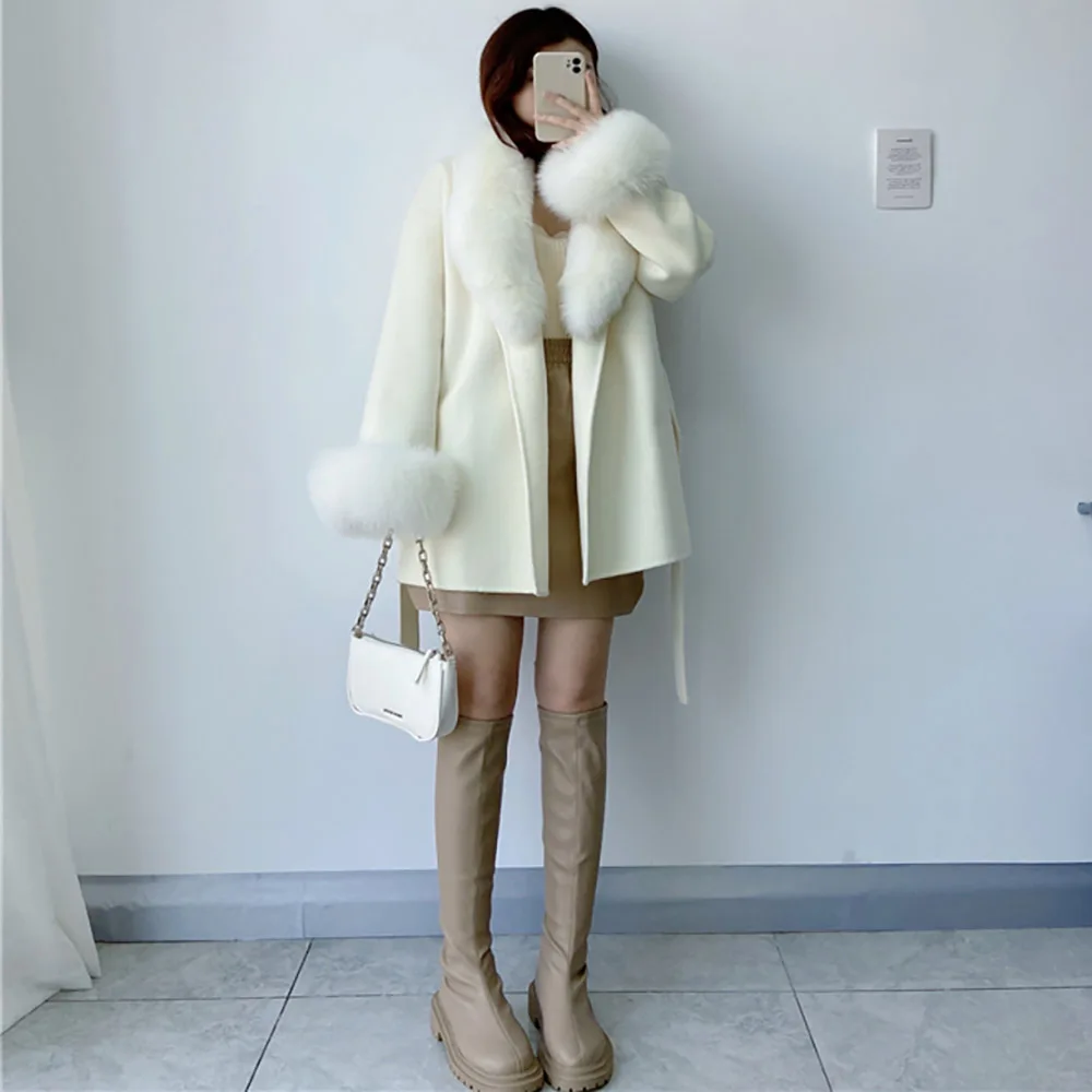 Natural Fox Fur Collar Cuffs Belt Cashmere Wool Woolen Outerwear Streetwear 2023 Real Fur Coat Winter Jacket Women