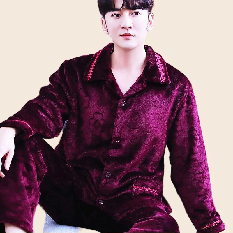 Men's Pajamas Set Full Sleeve T-shirt Long Pants 2Piece/Set Winter Sexy Stripe Pyjama Big Size Man Homewear Cozy Plus Sleepwear