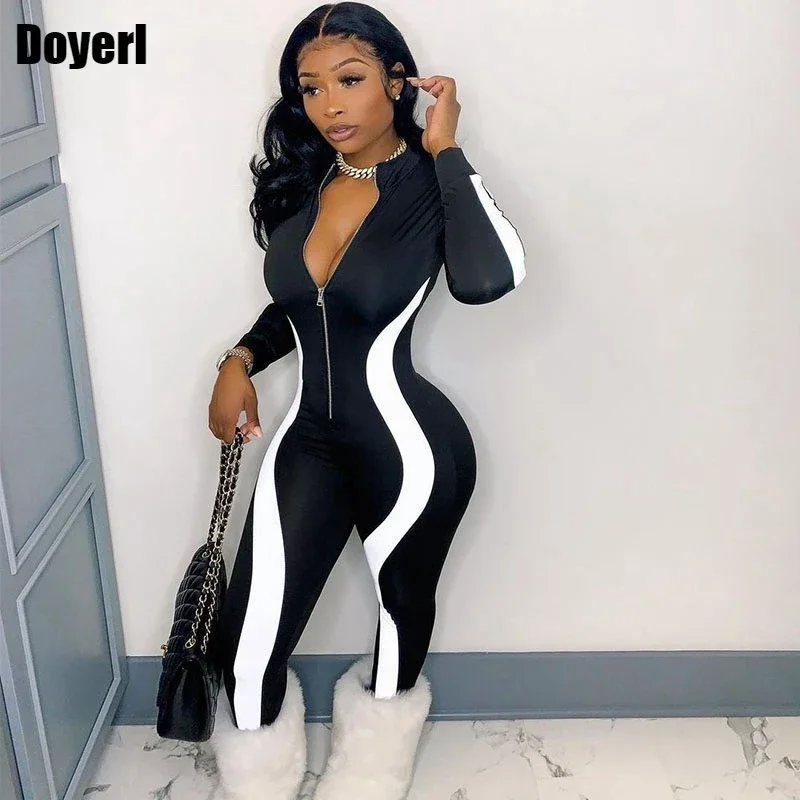 Женский Облегающий комбинезон на молнии с длинным рукавом