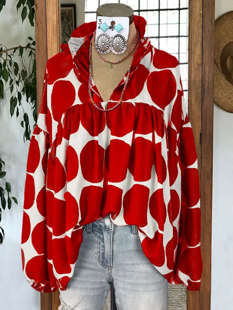 

Elegant Polka Dot Print Puff Sleeve Top Women Blouse