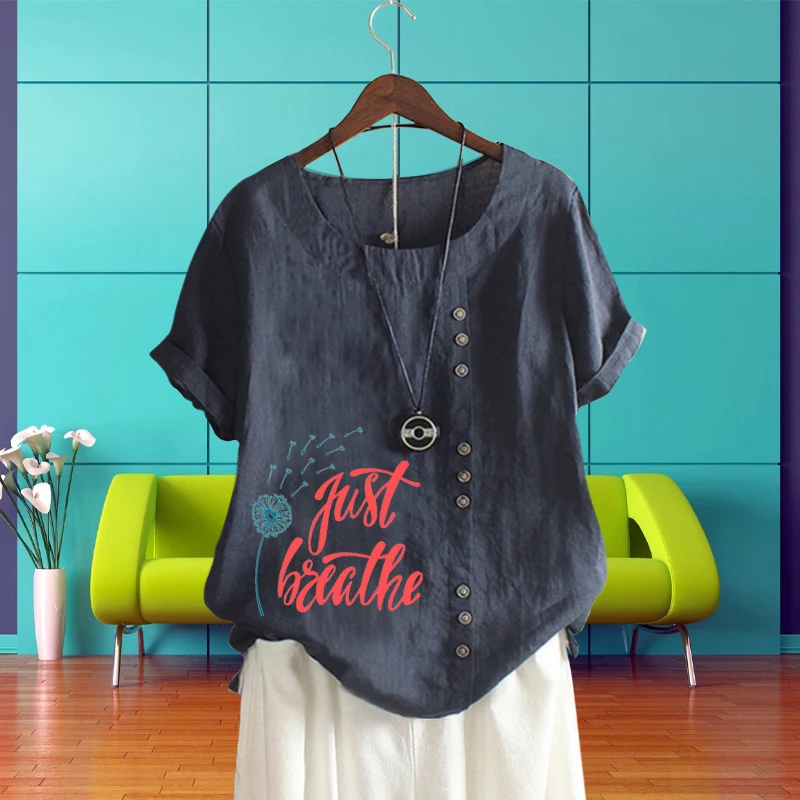 

Popular English Words Printed Short Sleeve Shirt Women's Clothing T Shirt O Neck Top for Lady Cotton Linen Summer Pullover