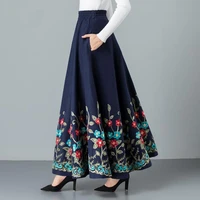 mom elegant embroidered maxi pleated skirt women winter warm woolen long skirt lady high waist casual wool office saia