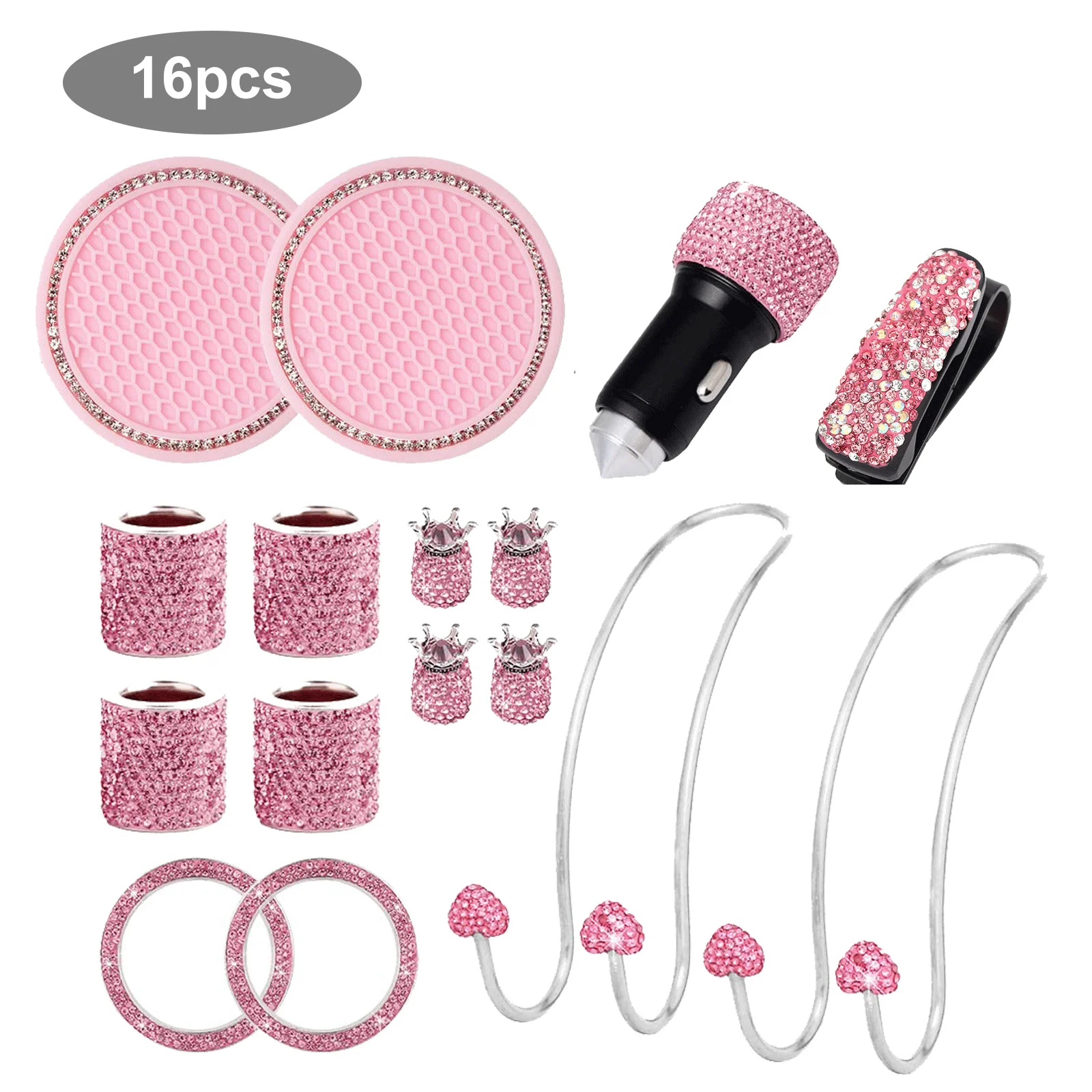 

16 Pcs/Set Car Accessories For Women Interior Cute Set Pink Bling For Volvo XC90 XC60 Honda Toyota Nissan BMW Benz Universal