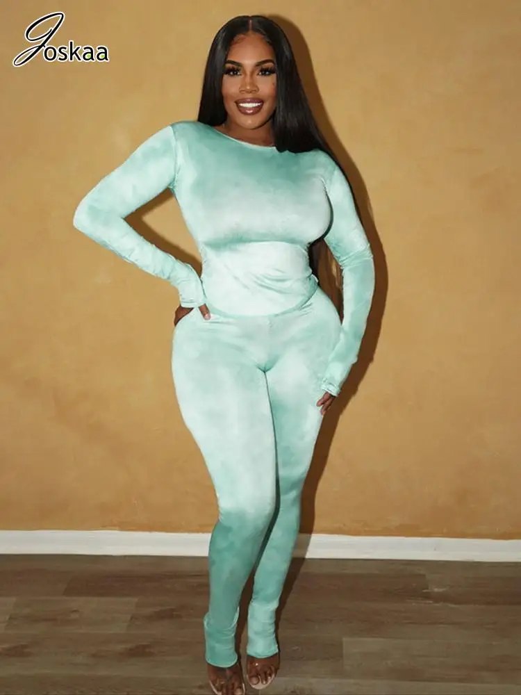 

Joskaa Velvet Green Two Piece Set Women Casual O-Neck Long Sleeve T Shirts and Pleated Pants Matching 2023 Winter Streetwear
