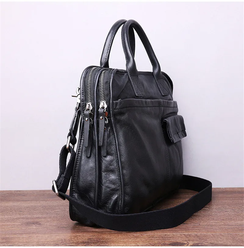 Fashion casual genuine leather men's briefcase business real cowhide work handbag black lawyer laptop shoulder messenger bags