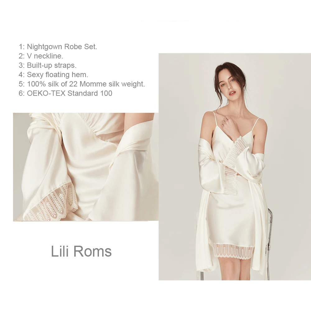 LiliRoms Women 22 Momme 100% Silk Nightgown Robe Set Long Sleeve Lace Luxury Lingerie Sleepwear Elegant Clothing Free Shipping