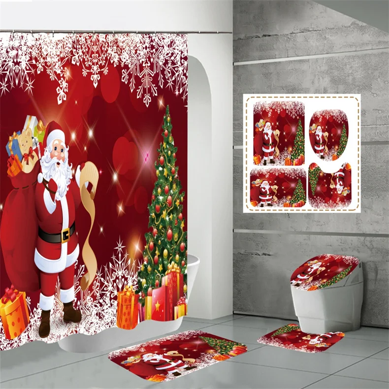 

4Pcs Bathroom Set Merry Christmas Bathroom Snowman Santa Claus Pattern Waterproof Shower Curtain Toilet Cover Mat Non Slip Rug