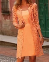 orange two piece a line mother of the bride dress wrap included jewel neck knee length lace satin bridal party gown