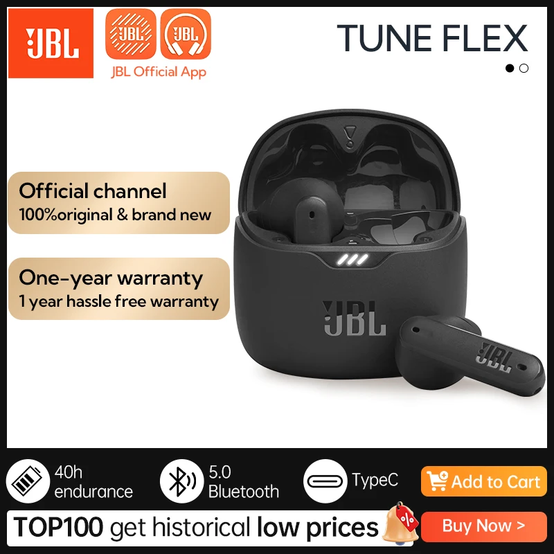 

Original JBL TUNE FLEX Wireless Bluetooth Earbuds In-Ear Earphone Music T225 Headphones Active Noise Cancelling IPX4 Waterproof