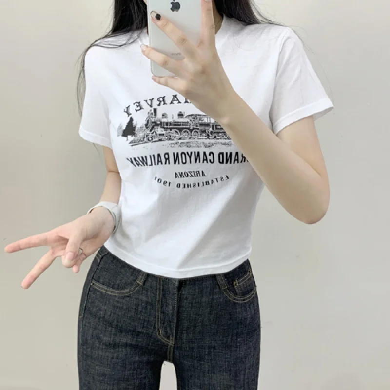 

Semi-Crop anti-moxibustion hemline imprint T-shirt Arizona letter T-shirt short-sleeved tee-printing tee summer short-sleeved te