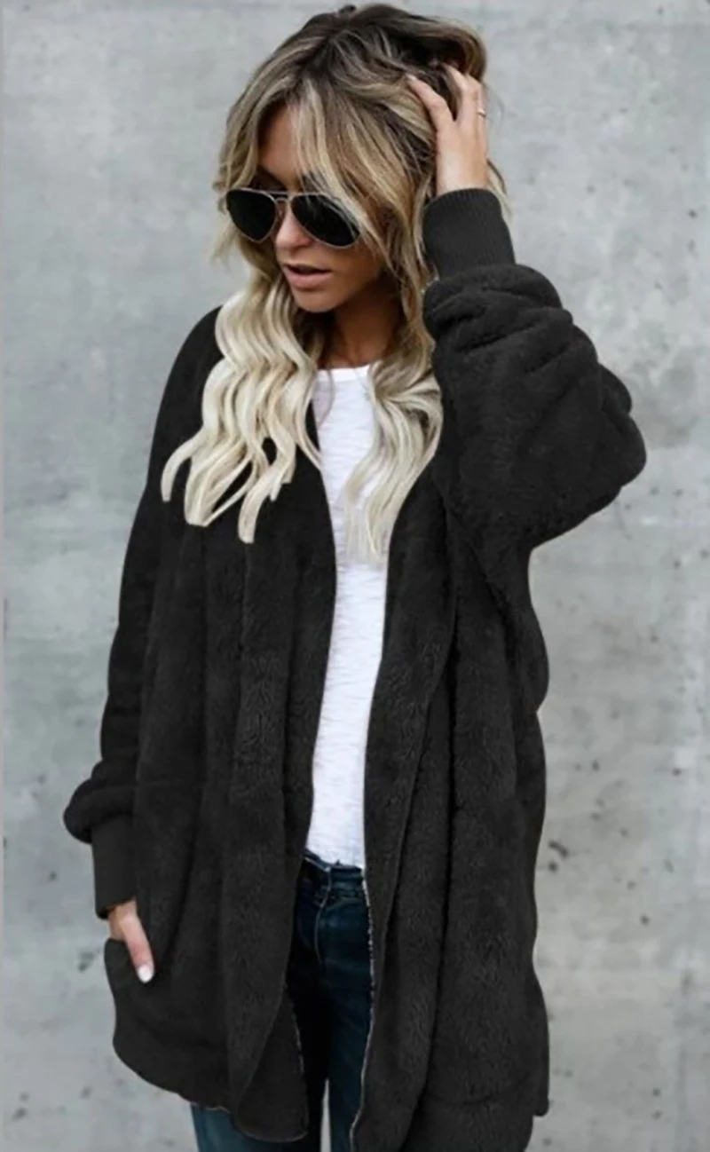 Faux Fur Coat Women 2022 Autumn Winter Warm Soft Long Fur Jacket Outwear Plush Overcoat Pocket Buttonless Cardigan with hood