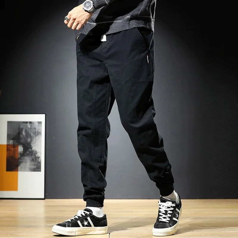 Autumn Men Casual Pants Korean Style Streetwear Cotton Elastic Waist Drawstring Trousers Black Pencil Pants